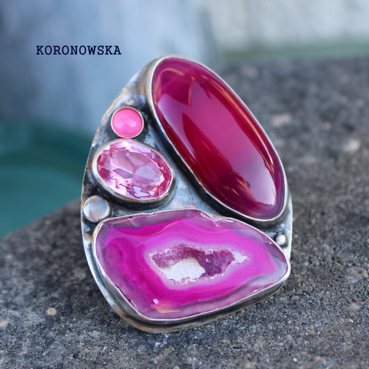 Pierścień srebro agaty opal rubin